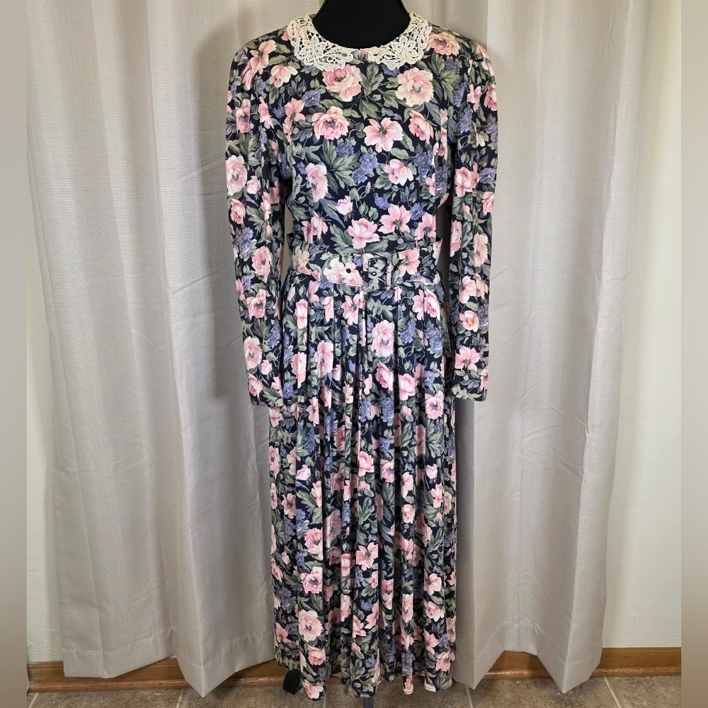 Vintage Stuart Alan Cottagecore Floral Midi Dress Lace Collar Belt USA 10